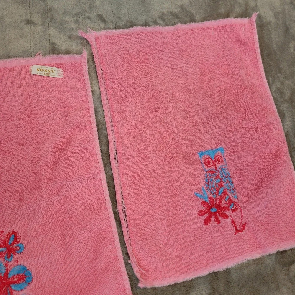 Vintage Cannon Hand Towels Set of 3 Pink Embroidered Owl Butterfly Cat 11x16